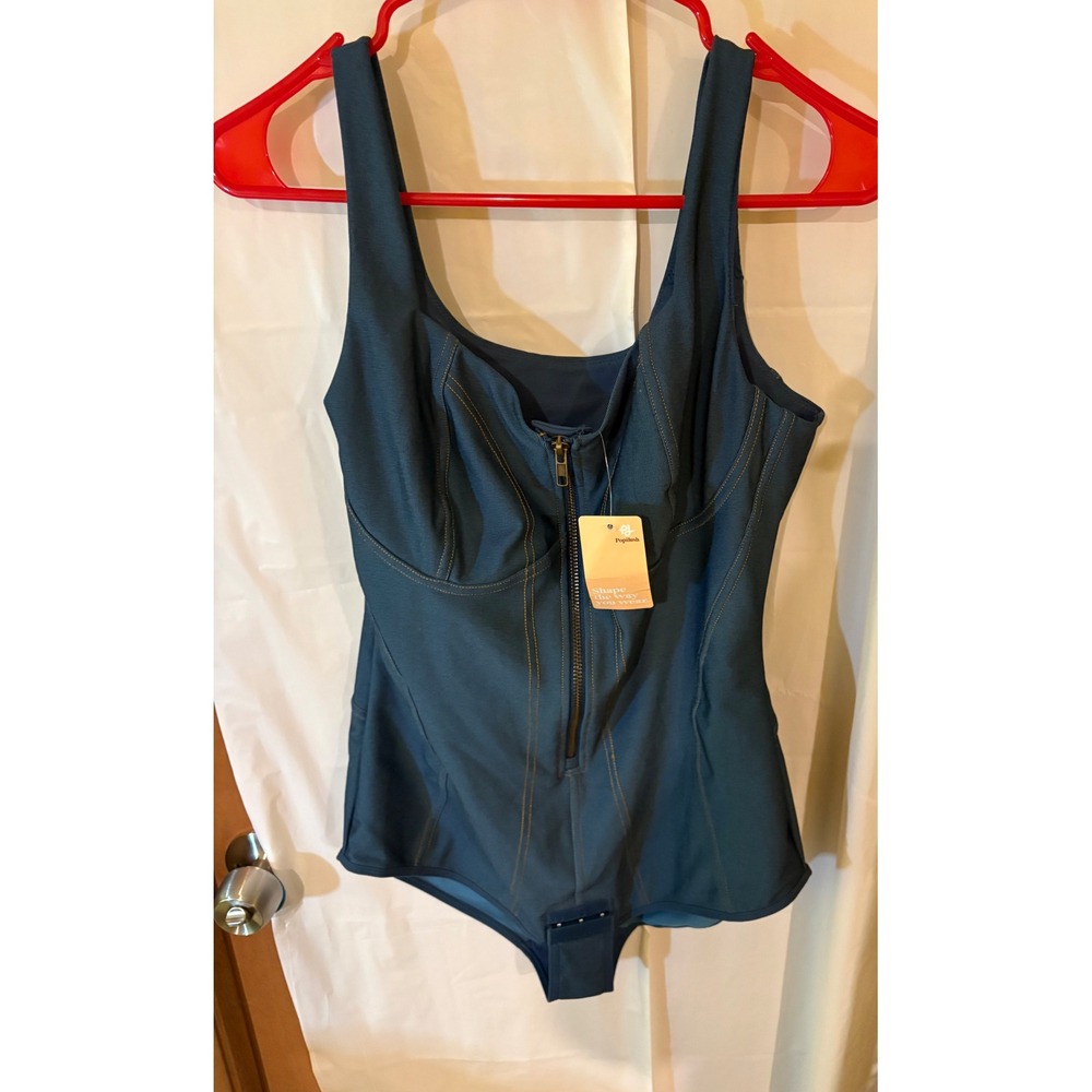 Popilush Denim Tummy Control Corset Bodysuit Shapewear Blue Zip Snap XL NWT